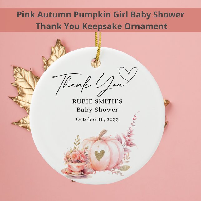 Autumn Blush Pink Pumpkin Gold Heart Thank You Ceramic Ornament (Creator Uploaded)
