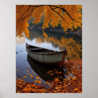 Autumn Boat on a Tranquil River Wall Art