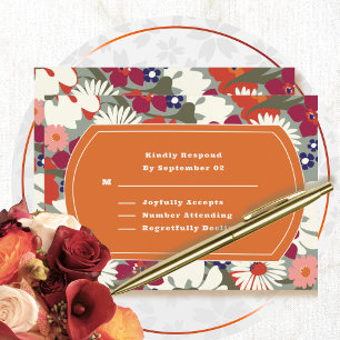 Autumn Bohemian Floral Orange Green Wedding RSVP