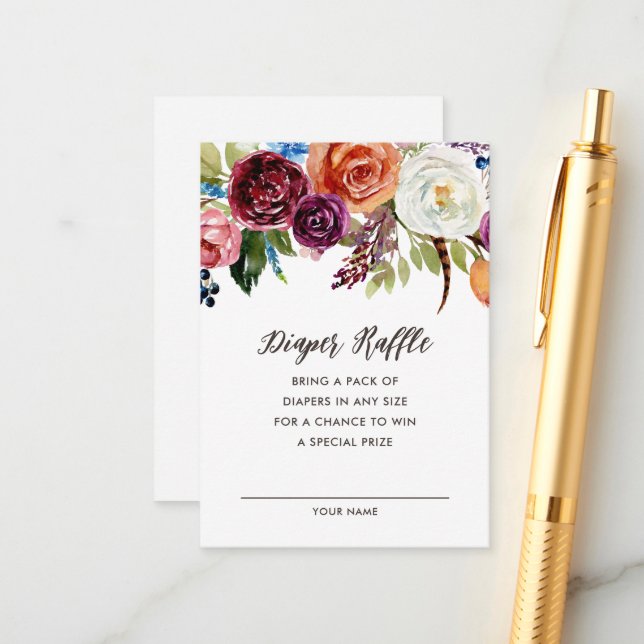Autumn Boho Blooms Baby Shower Diaper Raffle Card (Front/Back In Situ)