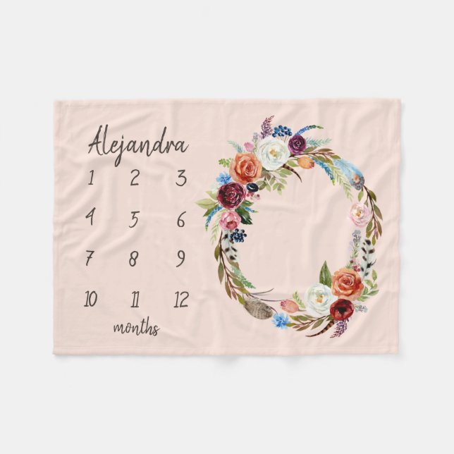 Autumn Boho Blooms Monogram Baby Milestone Photo Fleece Blanket (Front (Horizontal))
