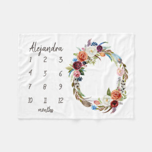Autumn Boho Blooms Monogram Baby Milestone Photo Fleece Blanket