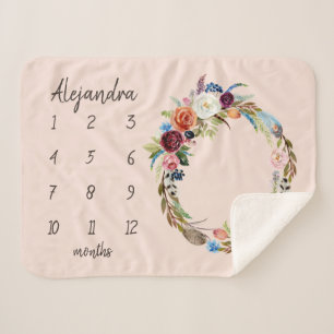 Autumn Boho Blooms Monogram Baby Milestone Photo Sherpa Blanket