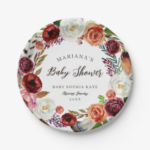 Autumn Boho Blooms Personalised Baby Shower Paper Plate