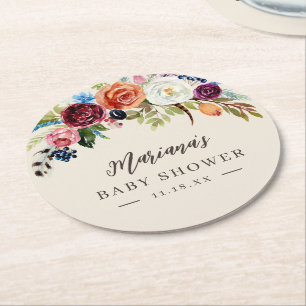 Autumn Boho Blooms Personalised Baby Shower Round Paper Coaster