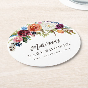Autumn Boho Blooms Personalised Baby Shower Round Paper Coaster