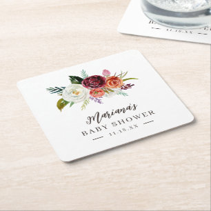 Autumn Boho Blooms Personalised Baby Shower Square Paper Coaster