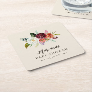 Autumn Boho Blooms Personalised Baby Shower Square Paper Coaster