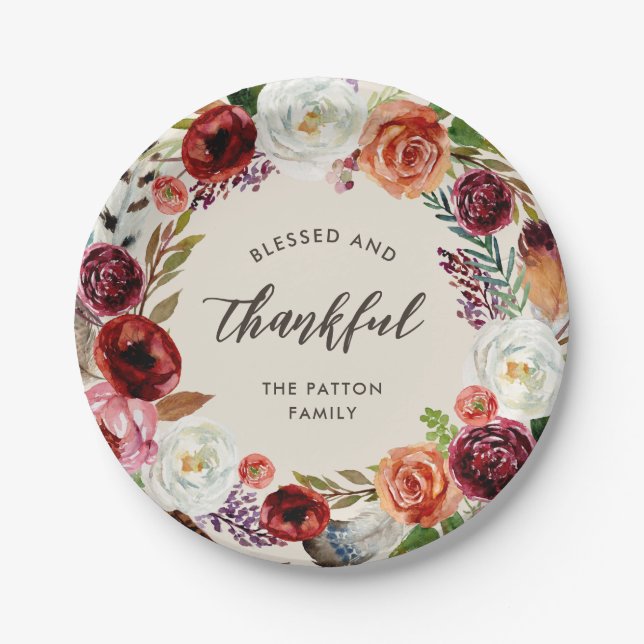 Autumn Boho Blooms Personalised Thanksgiving Paper Plate (Front)
