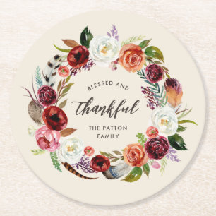 Autumn Boho Blooms Personalised Thanksgiving Round Paper Coaster