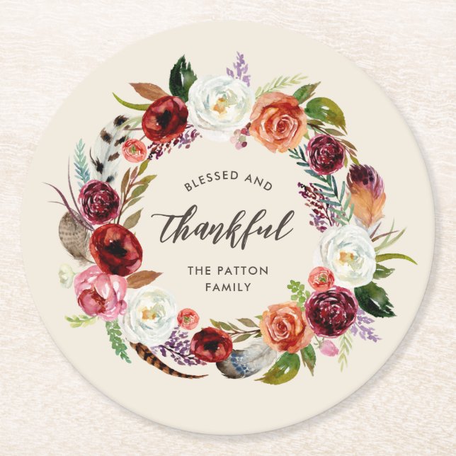 Autumn Boho Blooms Personalised Thanksgiving Round Paper Coaster (Front)
