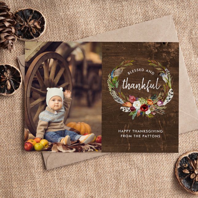 Autumn Boho Blooms Thanksgiving Photo Flat Holiday Card (Creator Uploaded)