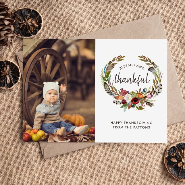 Autumn Boho Blooms Thanksgiving Photo Flat Holiday Card (Creator Uploaded)