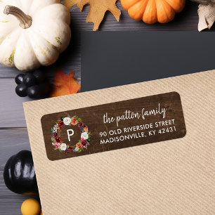 Autumn Boho Blooms Wreath Monogram Return Address Label