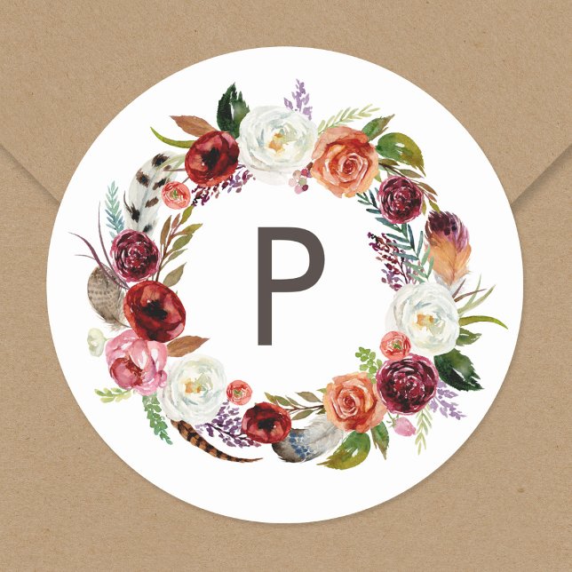 Autumn Boho Blooms Wreath Wedding Monogram Classic Round Sticker (Creator Uploaded)