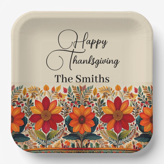 Autumn boho floral border personalised custom paper plate (Front)