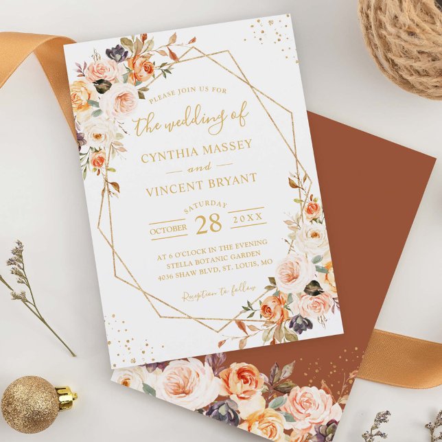 Autumn Boho Floral Terracotta Geometric Wedding Invitation (Creator Uploaded)