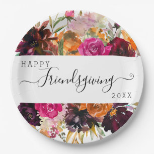 Autumn Boho Watercolor Floral Friendsgiving Paper Plate