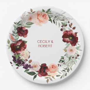 Autumn Boho Watercolor Floral Wreath Wedding Paper Plate