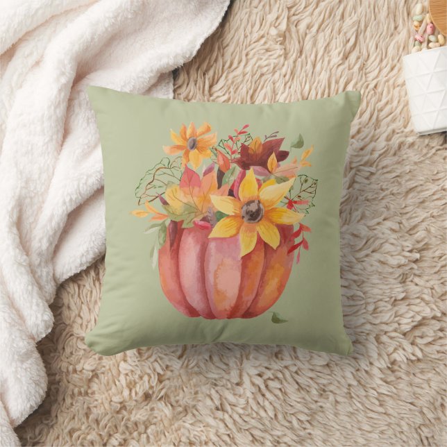 Autumn Boho Watercolor Pumpkin Green Cushion (Blanket)