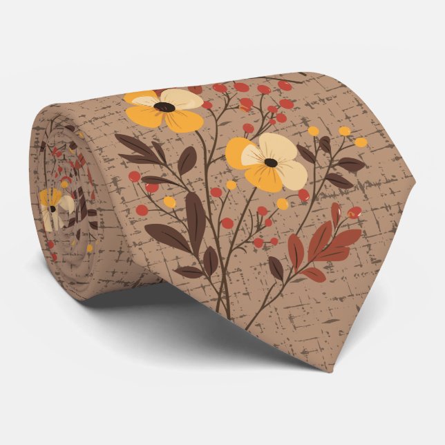 Autumn Boho Wildflowers Wedding Neck Tie (Rolled)