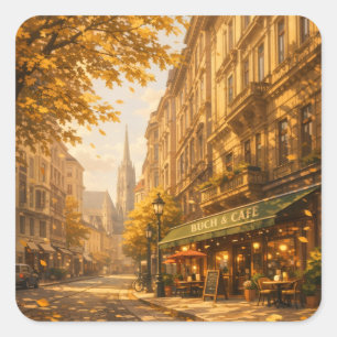 Autumn Book & Café Street Cozy European Alley Square Sticker