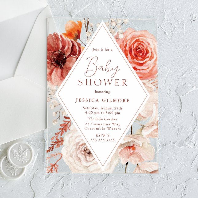 Autumn Botanical Boho Floral Neutral Baby Shower Acrylic Invitations (Creator Uploaded)