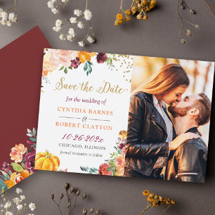 Autumn Botanical Floral Gold Script Photo Save The Date