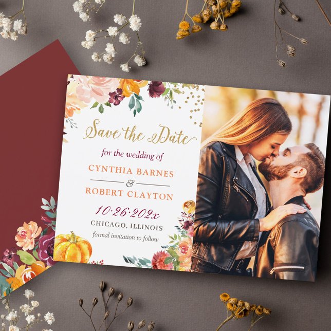 Autumn Botanical Floral Gold Script Photo Save The Date (Creator Uploaded)