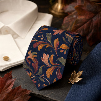 Autumn Botanical Pattern – Deep Navy Tie