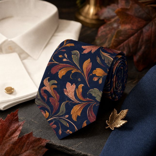 Autumn Botanical Pattern – Deep Navy Tie (Autumn Botanical Pattern – Deep Navy Neck Tie)