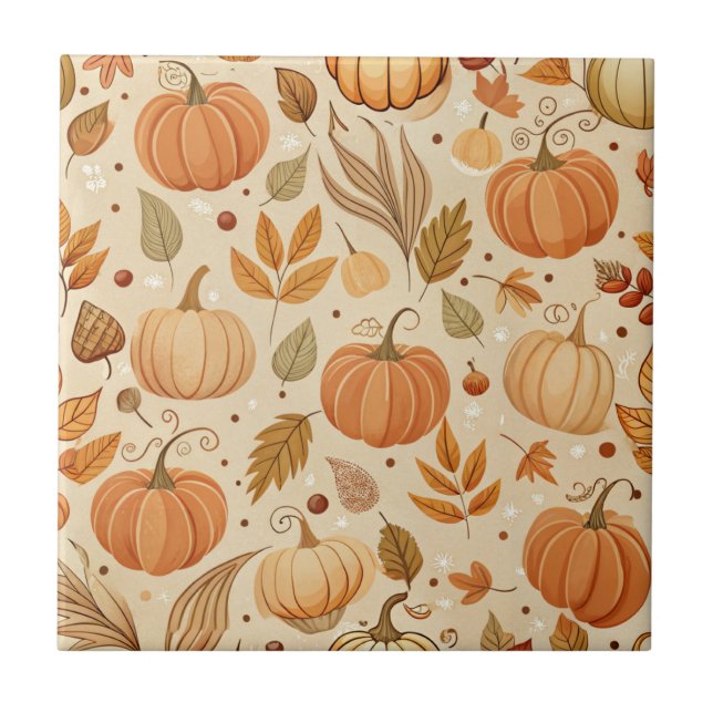 Autumn Botanical Pumpkin Vine Pattern Ceramic Tile (Front)