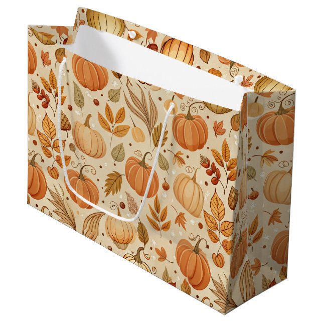 Autumn Botanical Pumpkin Vine Pattern Large Gift Bag (Front Angled)