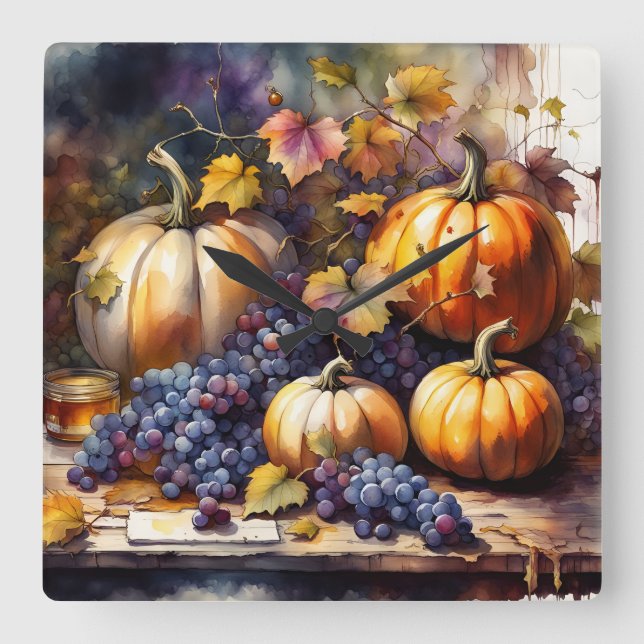 Autumn Bounty, pumpkins, Grapes honey Square Wall Clock (Front)