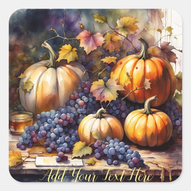 Autumn Bounty, pumpkins grapes -*Personalise* Square Sticker (Front)
