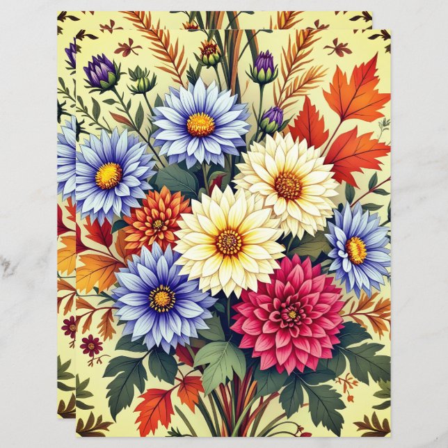 Autumn Bouquet Asters and Dahlias Scrapbook Paper (Front/Back)