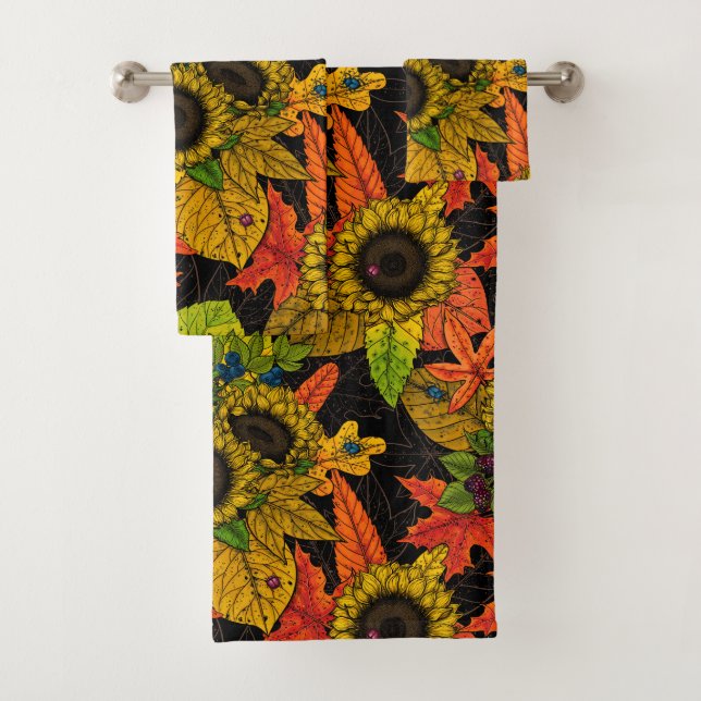 Autumn bouquet on black bath towel set (Insitu)
