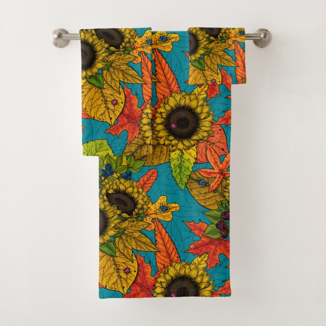 Autumn bouquet on blue bath towel set (Insitu)