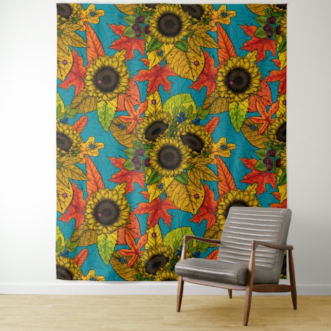 Autumn bouquet on blue tapestry (In Situ)