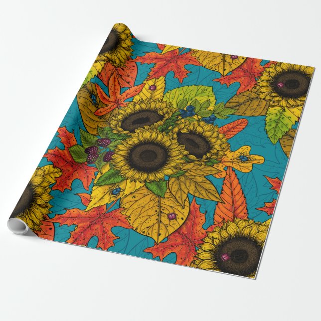 Autumn bouquet on blue wrapping paper (Unrolled)