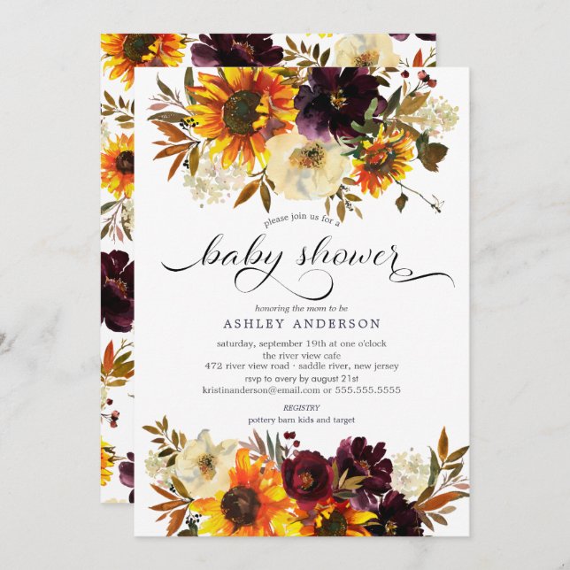Autumn Bouquet Sunflowers Baby Shower Invitation (Front/Back)