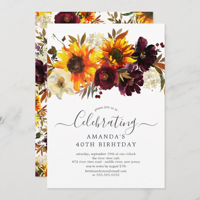 Autumn Bouquet Sunflowers Floral Birthday Party Invitation (Front/Back)