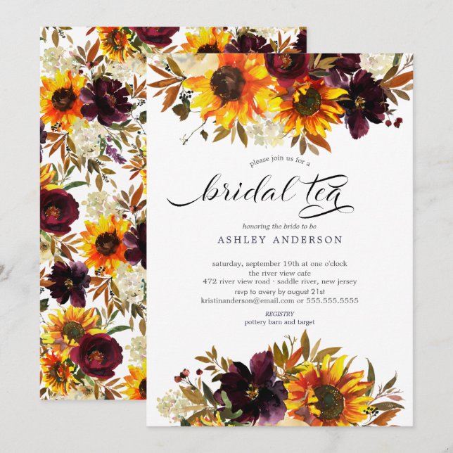 Autumn Bouquet Sunflowers Floral Bridal Tea Invitation (Front/Back)