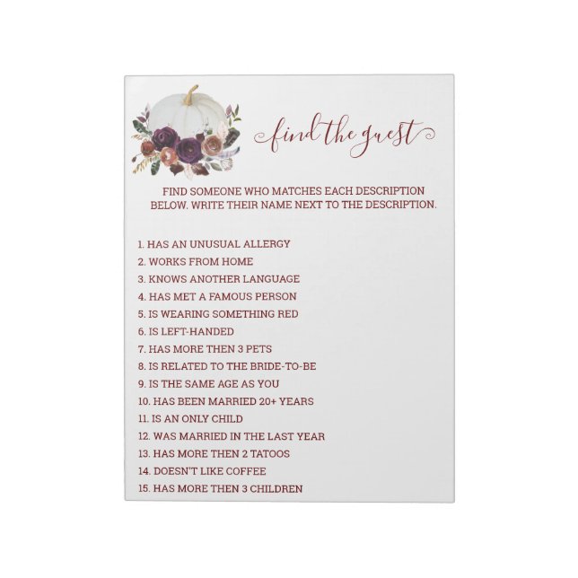 Autumn Bridal Shower Pumpkin Find Guest  Notepad (Rotated)