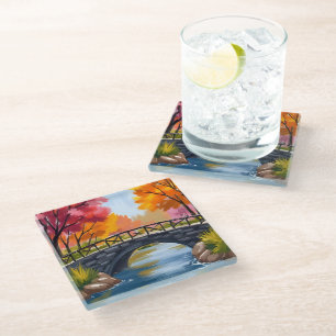 Autumn Bridge Fall Foliage Watercolor Nature Glass Coaster