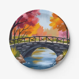 Autumn Bridge Fall Foliage Watercolor Nature Paper Plate