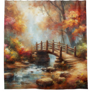 “Autumn Bridge Over Serene Stream” Shower Curtain