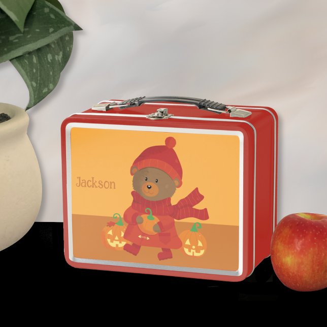 Autumn Brown Bear Kid Orange Metal Lunchbox (Brown bear kid lunch box with name .)