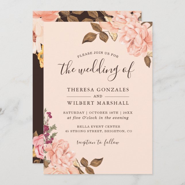 Autumn Brown Blush Gold Watercolor Floral Wedding Invitation (Front/Back)