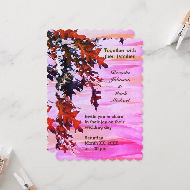 Autumn Brown Orange Leaves Swirl Pink Wedding Invitation (Front/Back In Situ)